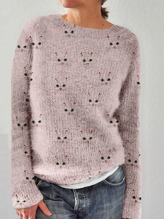 Katze – Kuscheliger Pullover mit süßem Katzengesichts-Print und Rundhalsausschnitt