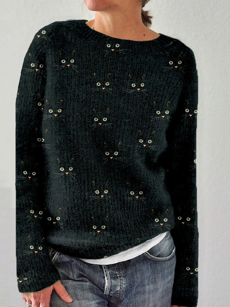 Katze – Kuscheliger Pullover mit süßem Katzengesichts-Print und Rundhalsausschnitt