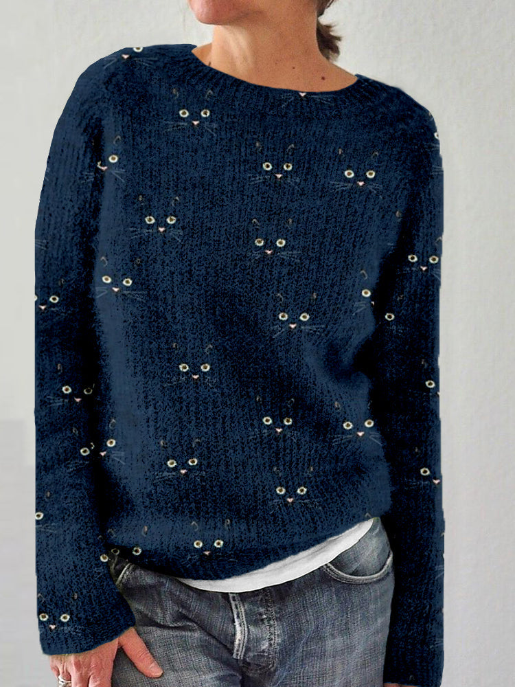 Katze – Kuscheliger Pullover mit süßem Katzengesichts-Print und Rundhalsausschnitt