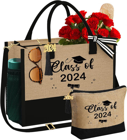 YOOLIFE Valentines Day Gifts - Initial Jute Tote Bag & Makeup Bag, Birthday Gifts for Women Her Mom Wife Teacher Friend
