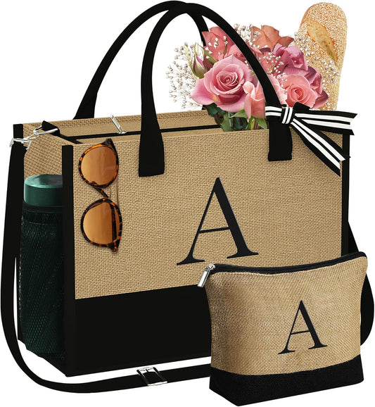 YOOLIFE Valentines Day Gifts - Initial Jute Tote Bag & Makeup Bag, Birthday Gifts for Women Her Mom Wife Teacher Friend