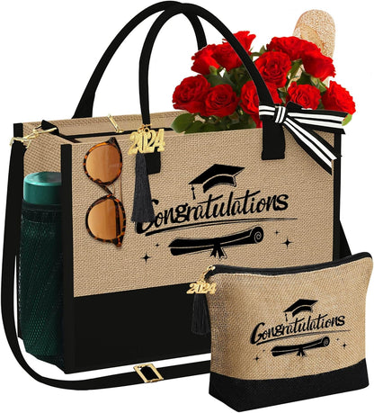 YOOLIFE Valentines Day Gifts - Initial Jute Tote Bag & Makeup Bag, Birthday Gifts for Women Her Mom Wife Teacher Friend