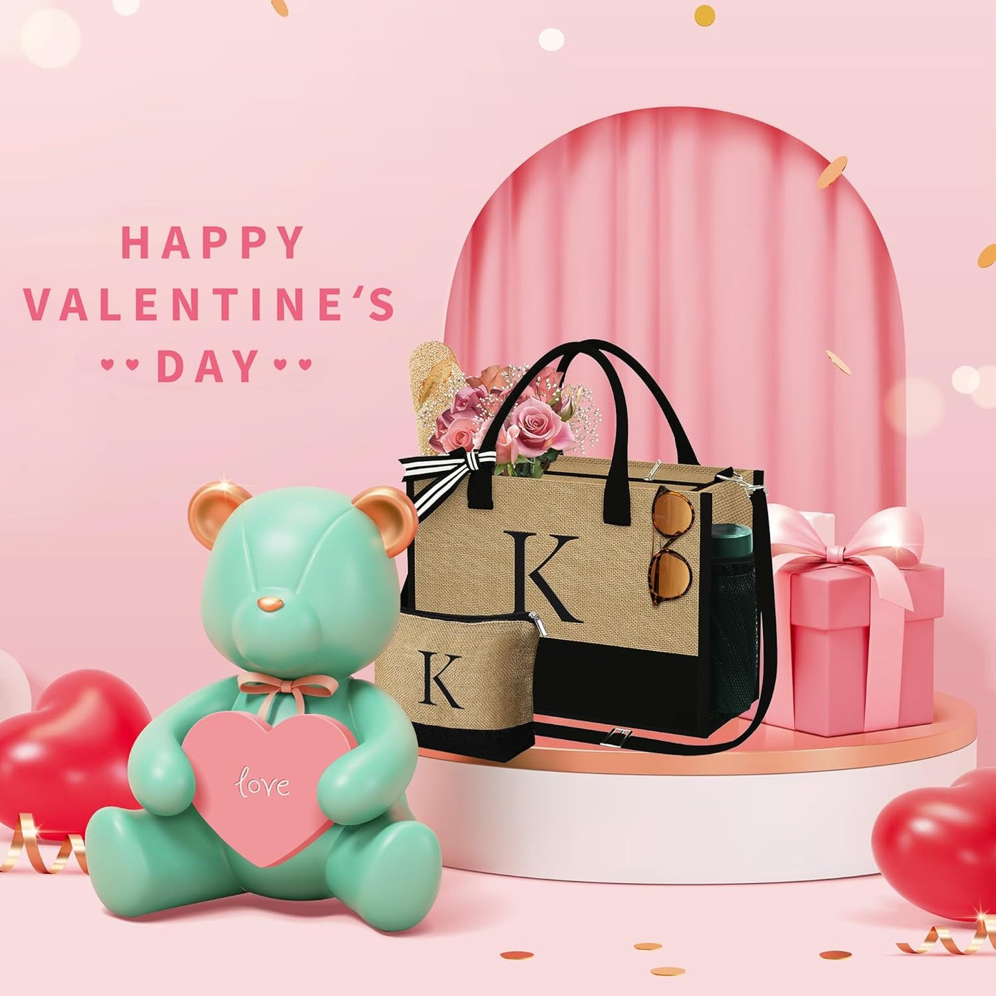 YOOLIFE Valentines Day Gifts - Initial Jute Tote Bag & Makeup Bag, Birthday Gifts for Women Her Mom Wife Teacher Friend