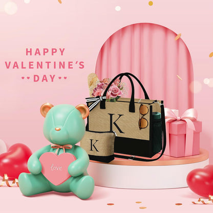 YOOLIFE Valentines Day Gifts - Initial Jute Tote Bag & Makeup Bag, Birthday Gifts for Women Her Mom Wife Teacher Friend