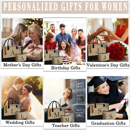 YOOLIFE Valentines Day Gifts - Initial Jute Tote Bag & Makeup Bag, Birthday Gifts for Women Her Mom Wife Teacher Friend