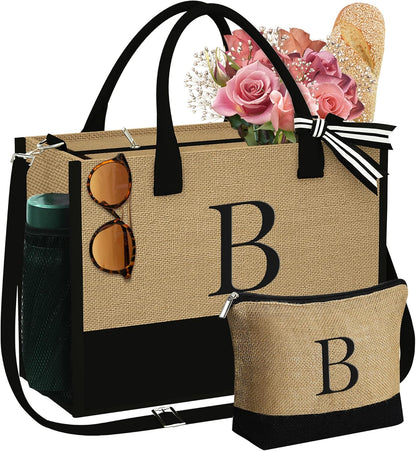 YOOLIFE Valentines Day Gifts - Initial Jute Tote Bag & Makeup Bag, Birthday Gifts for Women Her Mom Wife Teacher Friend