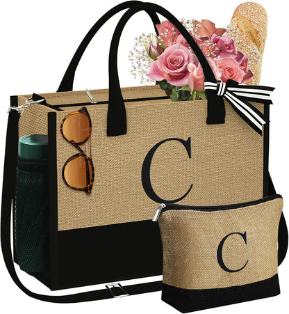 YOOLIFE Valentines Day Gifts - Initial Jute Tote Bag & Makeup Bag, Birthday Gifts for Women Her Mom Wife Teacher Friend
