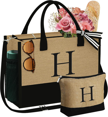 YOOLIFE Valentines Day Gifts - Initial Jute Tote Bag & Makeup Bag, Birthday Gifts for Women Her Mom Wife Teacher Friend