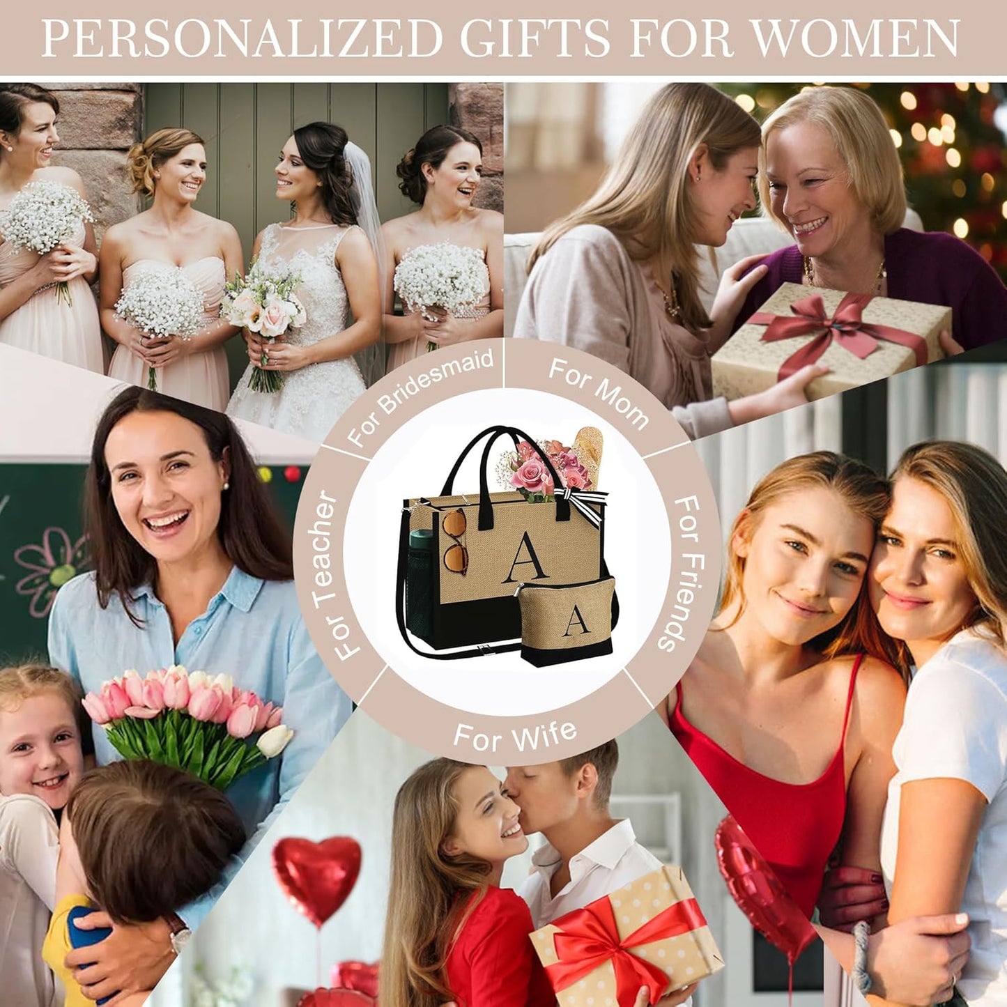 YOOLIFE Valentines Day Gifts - Initial Jute Tote Bag & Makeup Bag, Birthday Gifts for Women Her Mom Wife Teacher Friend