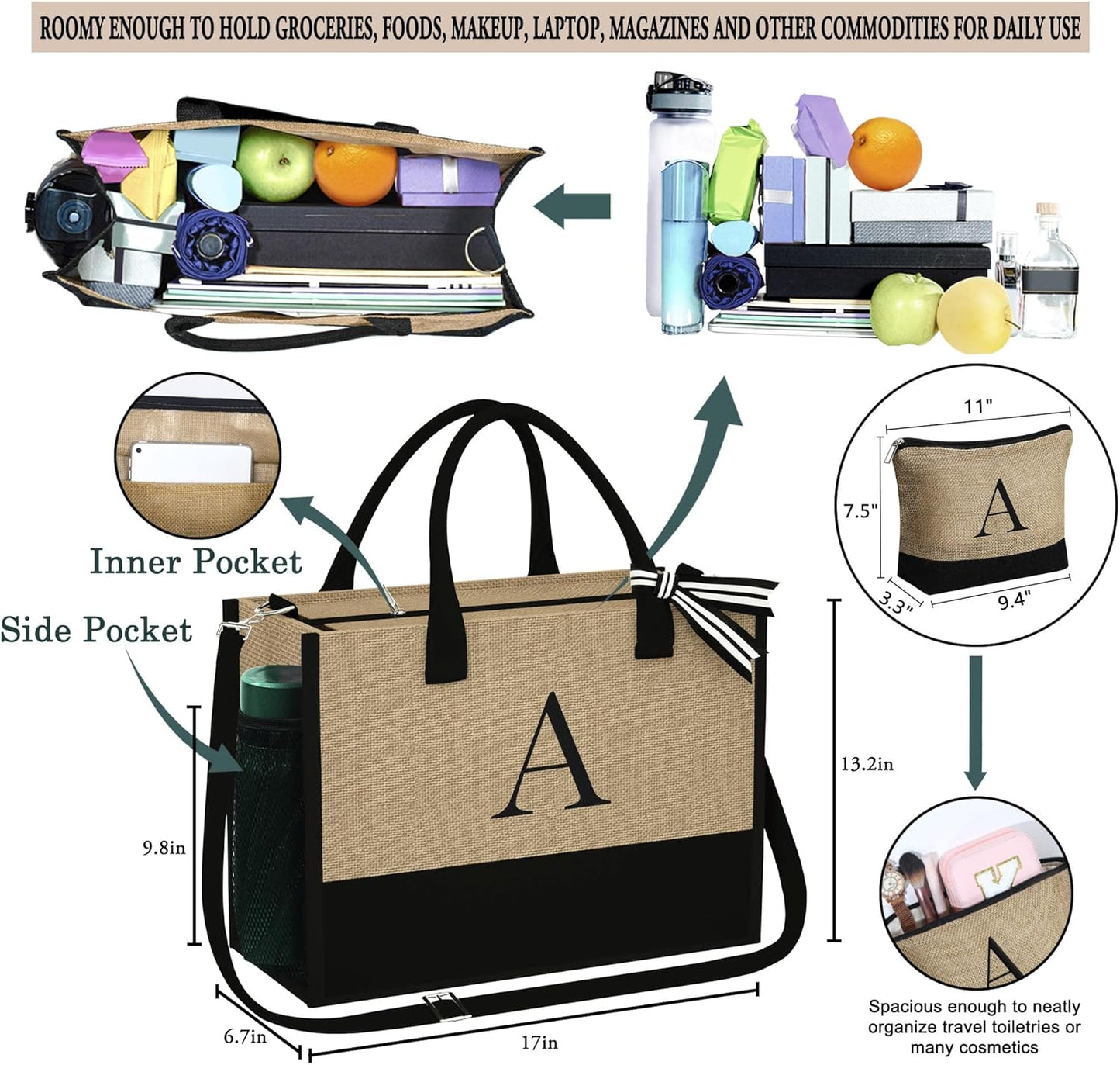 YOOLIFE Valentines Day Gifts - Initial Jute Tote Bag & Makeup Bag, Birthday Gifts for Women Her Mom Wife Teacher Friend
