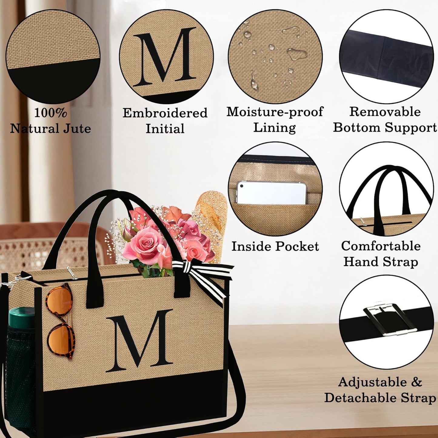 YOOLIFE Valentines Day Gifts - Initial Jute Tote Bag & Makeup Bag, Birthday Gifts for Women Her Mom Wife Teacher Friend