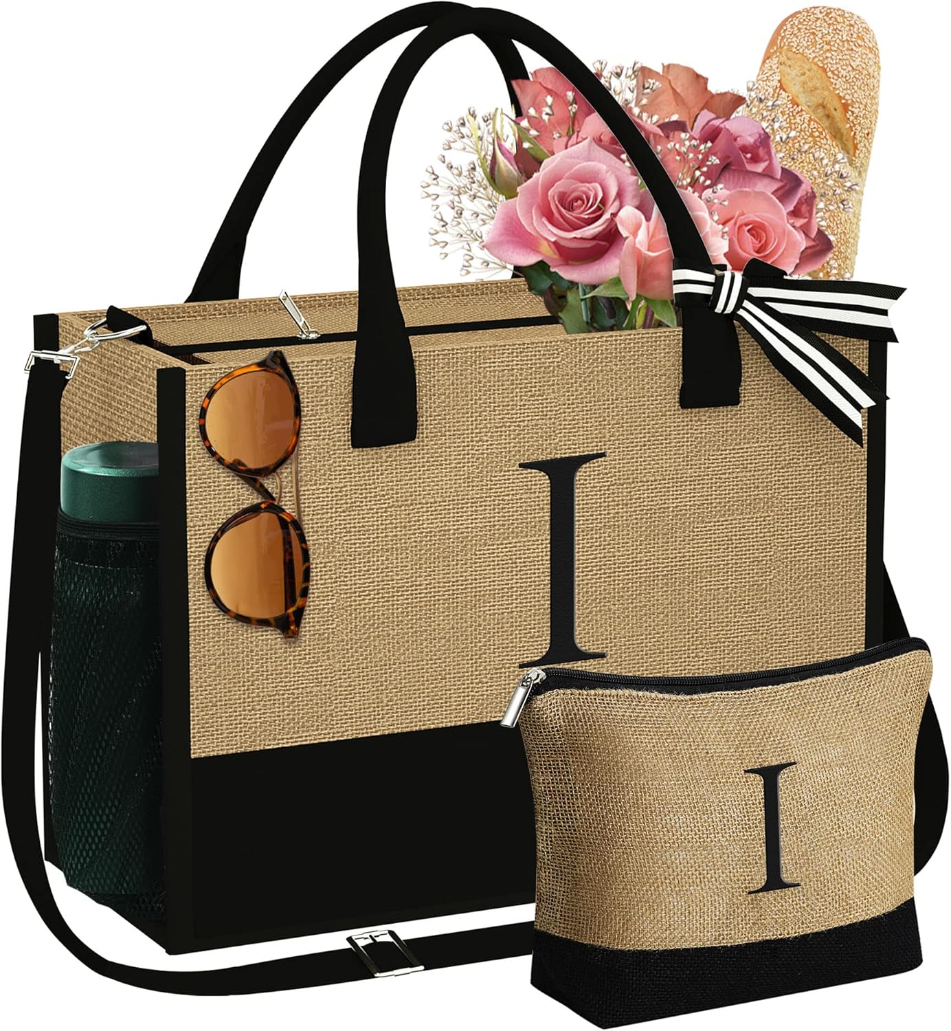 YOOLIFE Valentines Day Gifts - Initial Jute Tote Bag & Makeup Bag, Birthday Gifts for Women Her Mom Wife Teacher Friend