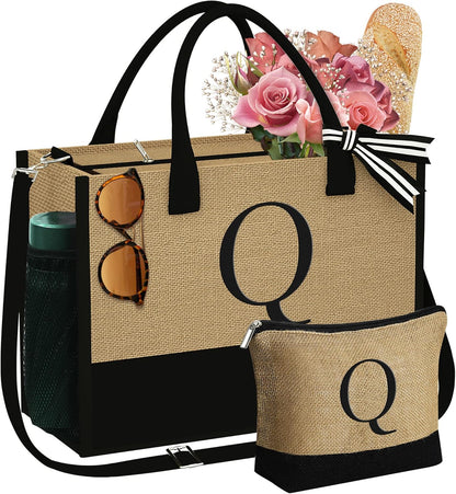 YOOLIFE Valentines Day Gifts - Initial Jute Tote Bag & Makeup Bag, Birthday Gifts for Women Her Mom Wife Teacher Friend
