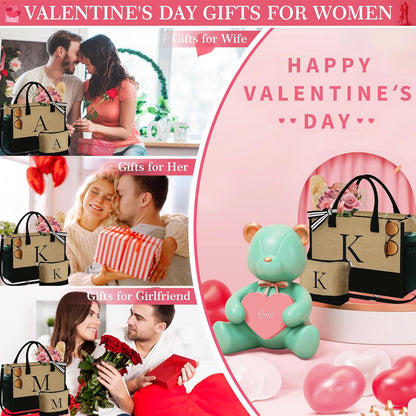 YOOLIFE Valentines Day Gifts - Initial Jute Tote Bag & Makeup Bag, Birthday Gifts for Women Her Mom Wife Teacher Friend