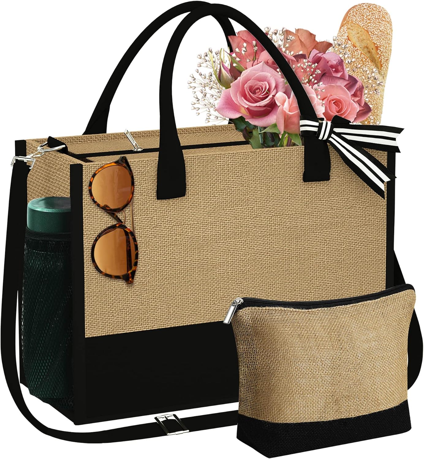 YOOLIFE Valentines Day Gifts - Initial Jute Tote Bag & Makeup Bag, Birthday Gifts for Women Her Mom Wife Teacher Friend