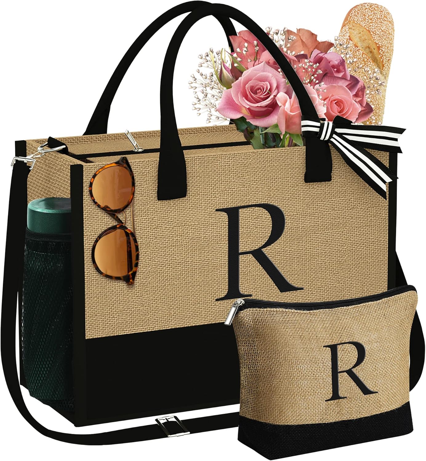 YOOLIFE Valentines Day Gifts - Initial Jute Tote Bag & Makeup Bag, Birthday Gifts for Women Her Mom Wife Teacher Friend